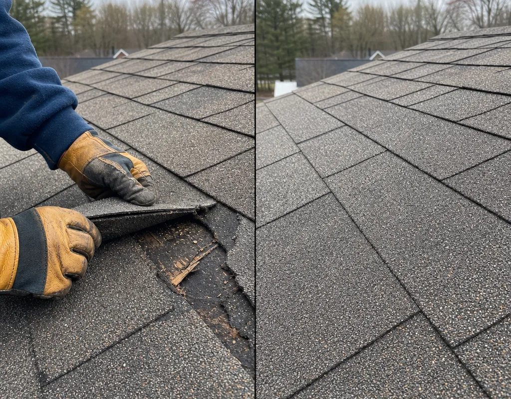 Before-and-after damaged shingle repair with matching shingles, sealed lifted tabs, and correct nail placement
