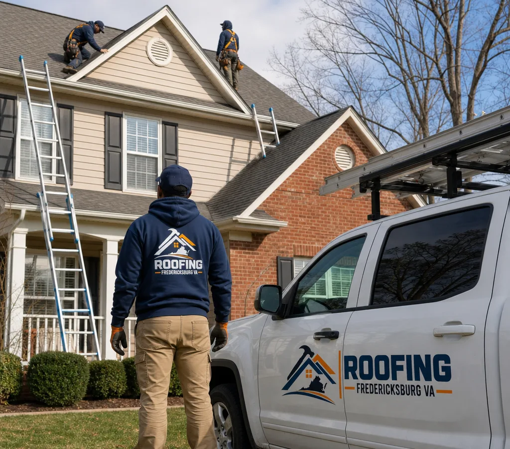 Roofing crew carefully inspecting a Fredericksburg-area home with secured ladders and visible shingles