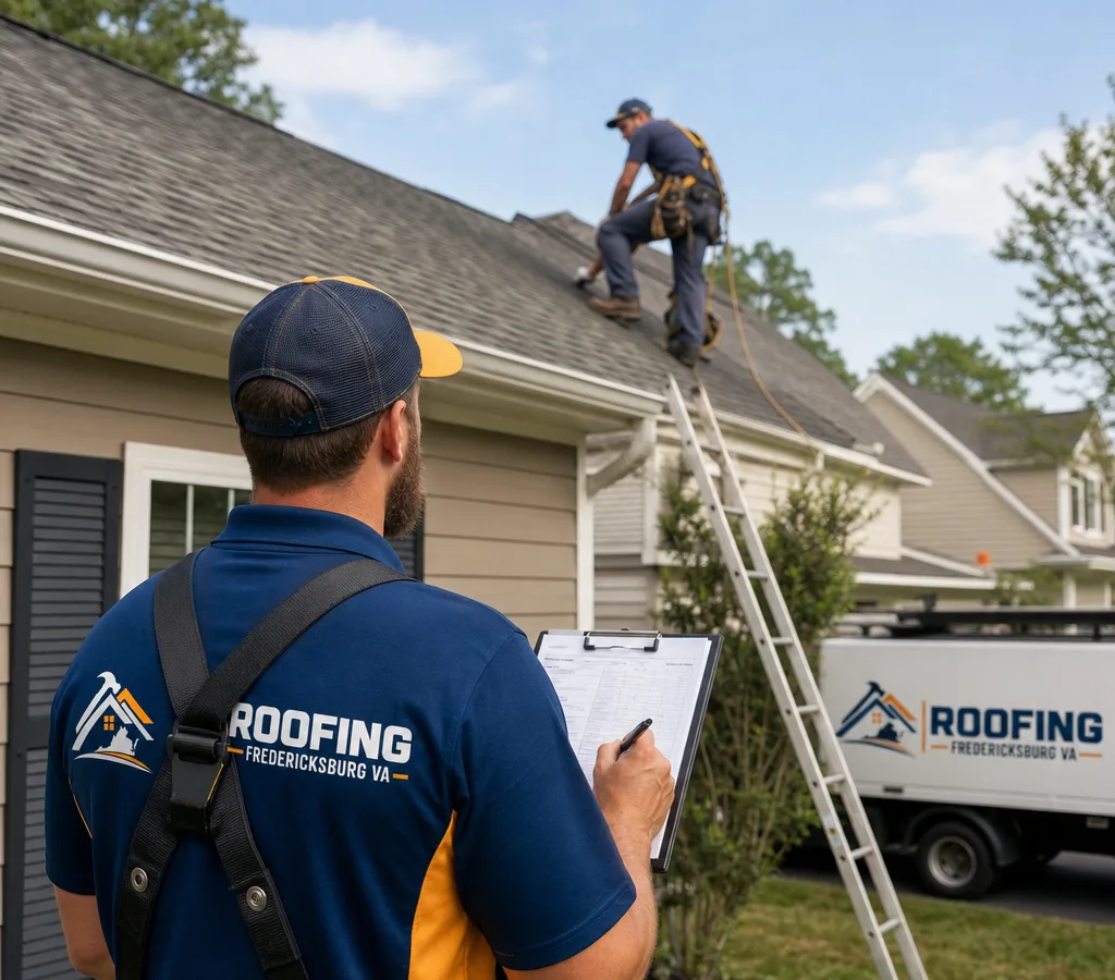 Roofing crew inspecting an asphalt shingle roof on a Fredericksburg home using safety equipment and documenting findings