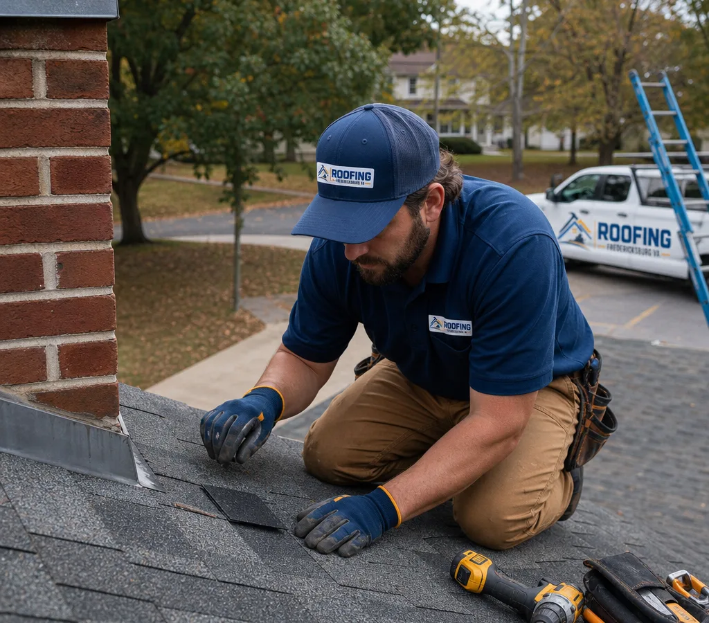 Roofing technician inspecting shingles and chimney flashing on a Fredericksburg home with repair tools staged safely