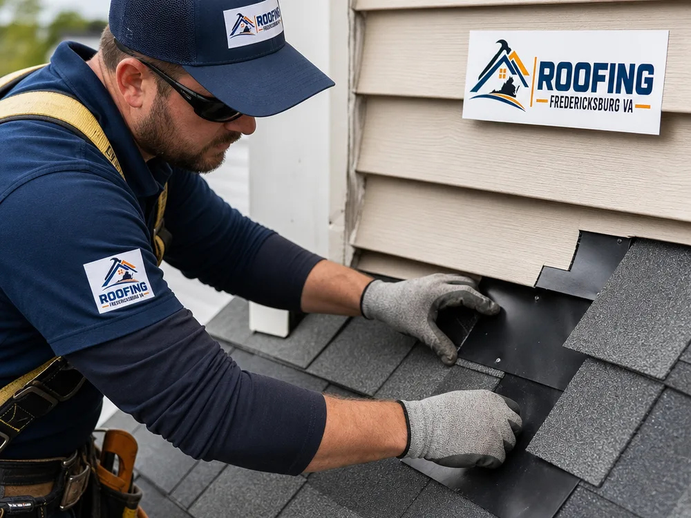 Roofer repairing step flashing at a roof-to-sidewall transition with correctly layered shingles and flashing