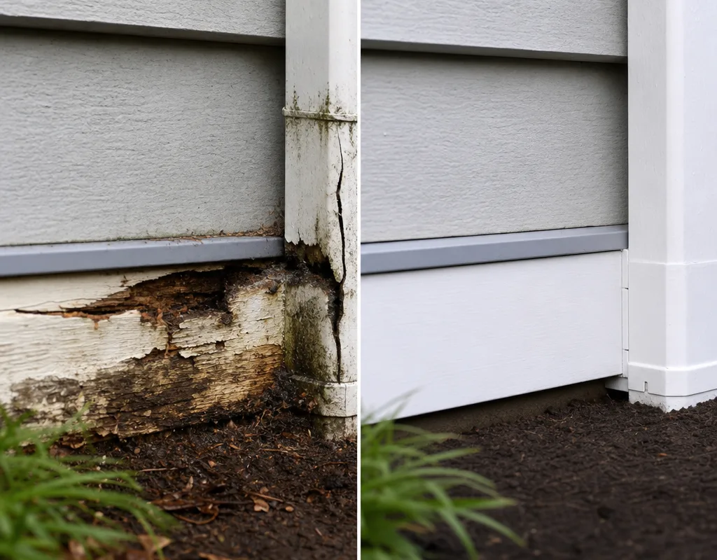 Before-and-after rotted lower exterior trim replaced with clean seams and corrected water runoff detail