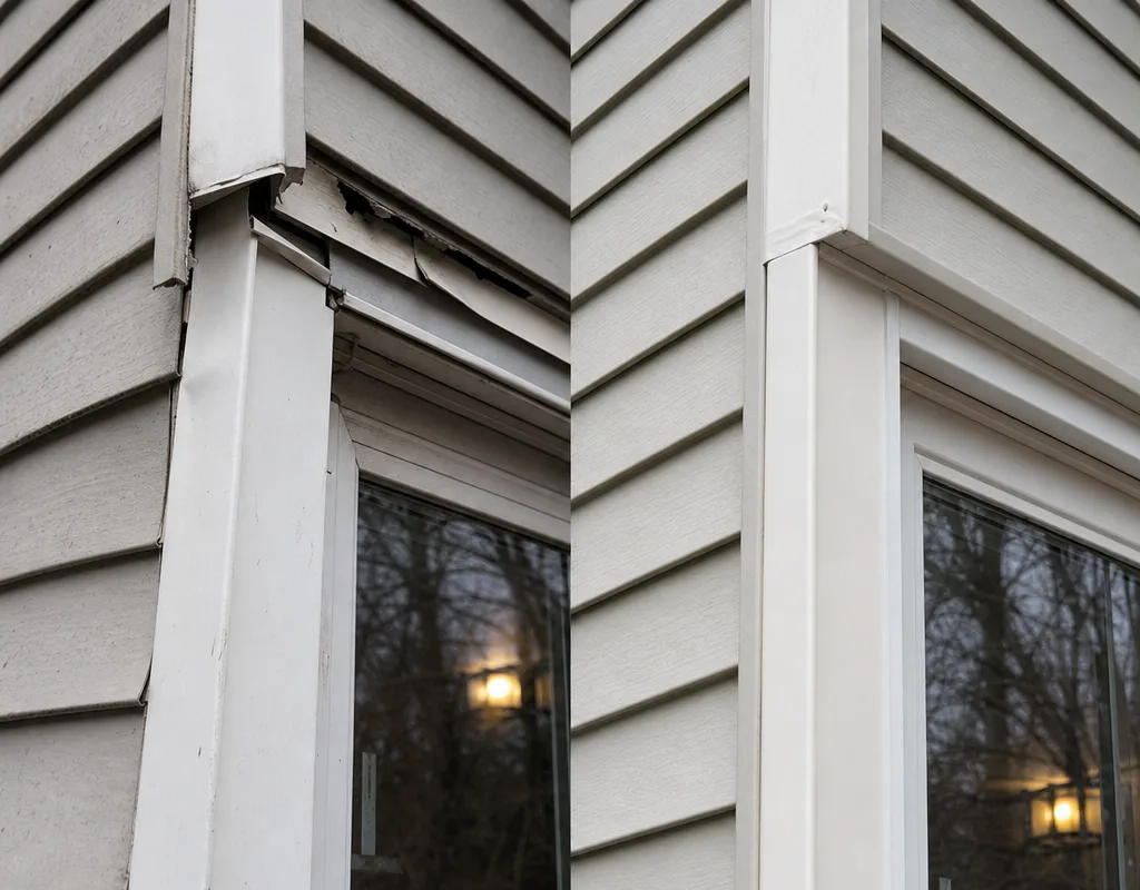 Before-and-after loose siding corner and missing J-channel near a window, repaired with aligned trim and secured siding