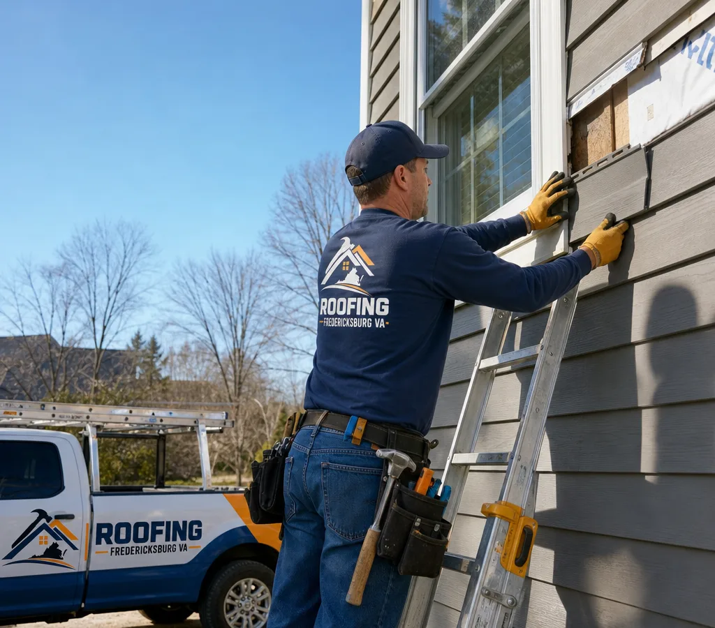 Technician replacing a cracked siding panel and securing a loose corner near a window on a two-story home