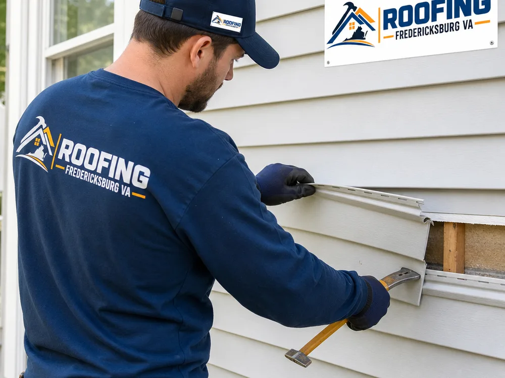 Technician replacing a cracked vinyl siding panel with adjacent courses kept intact and straight