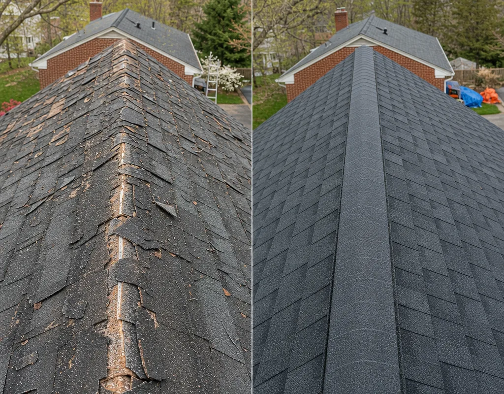 Before and after roof replacement showing aged curling shingles and new architectural shingles with a clean ridge line