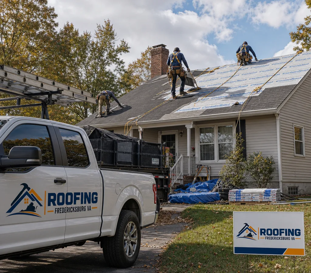 Crew replacing an asphalt shingle roof on a Fredericksburg home with underlayment visible and fall protection in use