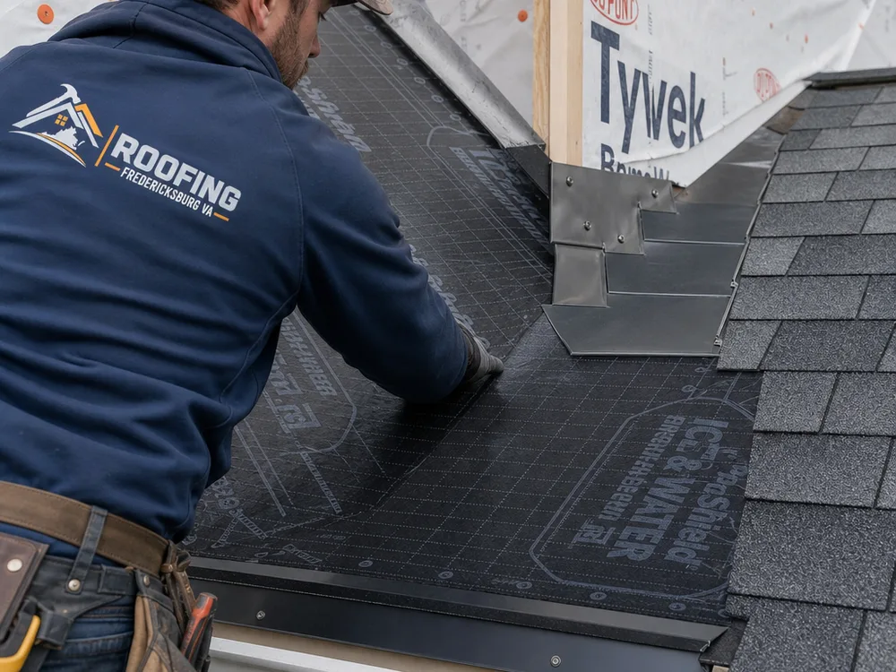 Ice-and-water membrane in a roof valley with new drip edge and step flashing at a sidewall transition