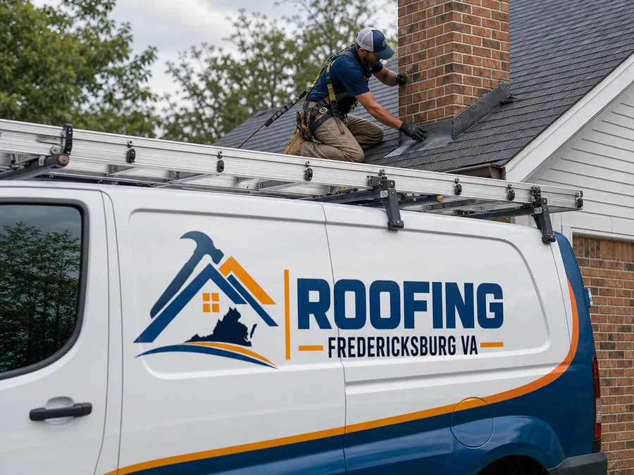 Roofer inspecting flashing and shingles around a chimney and roof-to-wall intersection
