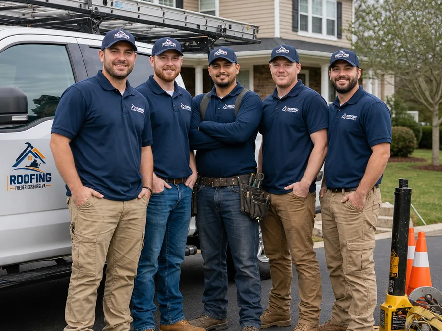 Roofing Fredericksburg VA crew beside their work truck and safety equipment on a residential driveway